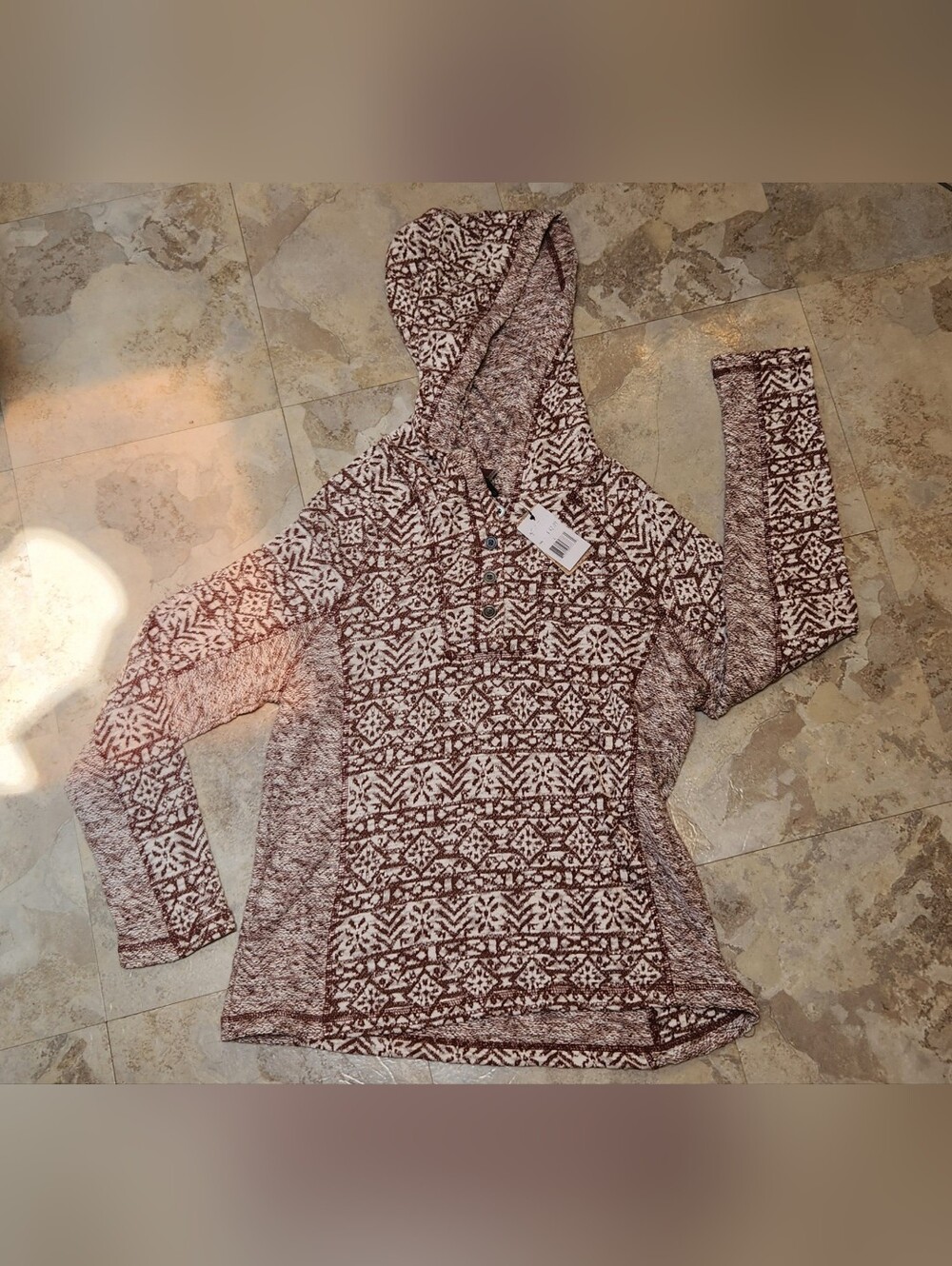 North River Maroon and White Marled Fair Isle Hooded Pullover With Buttons